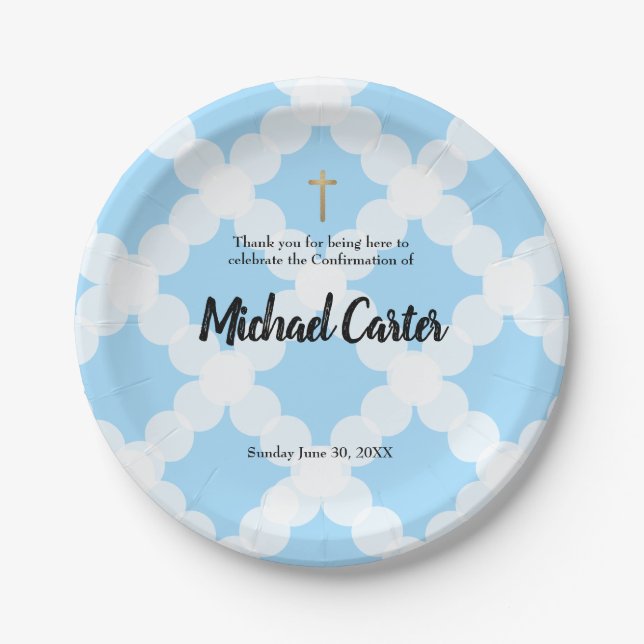 Assiettes En Carton Blanc bleu personnalisé et confirmation croisée (Devant)