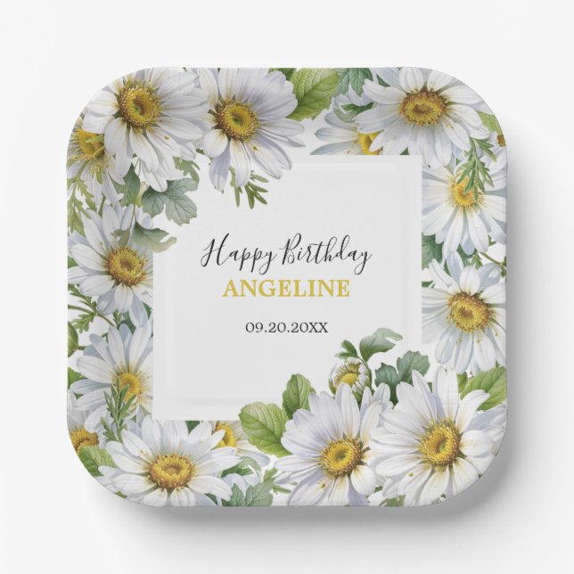 Assiettes En Carton Blanc Daisy Floral Verdure Anniversaire (Recto)