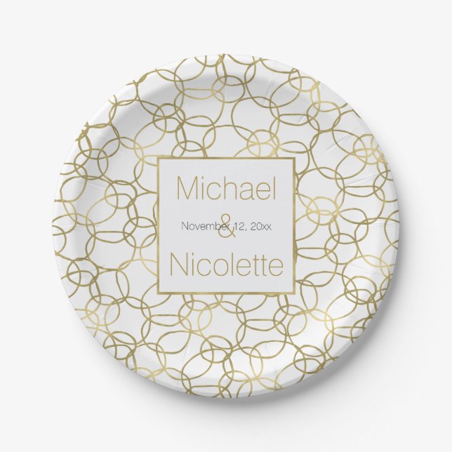Assiettes En Carton Blanc Gold Glam Cercles élégants Mariage (Devant)