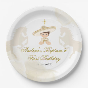 Assiettes En Carton Blanc Gold Mexicain Boy Baptême & premier annivers