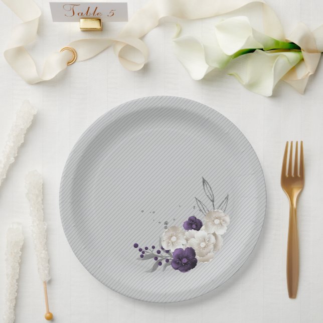 Assiettes En Carton blanc pourpre poussiéreux fleurs botaniques (Mariage)