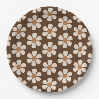 Assiettes En Carton Blanc rétro et Brown 60s Vintage Daisy Motif
