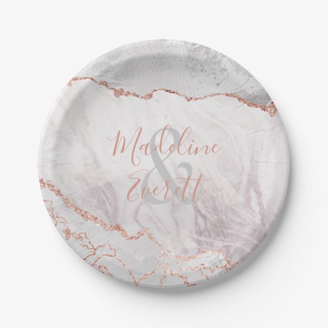 Assiettes En Carton Blanc & Rose Gold Agate Marbre Mariage Monogramme (Devant)