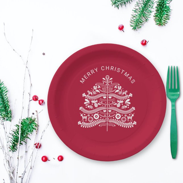 Assiettes En Carton Blanc sur arbre de Noël scandinave rouge (Créateur téléchargé)
