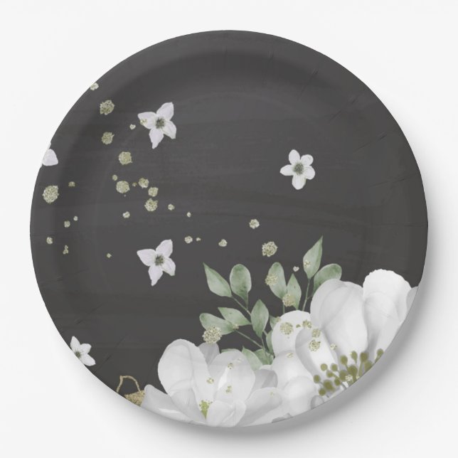 Assiettes En Carton blanc vert fleur feuilles noir (Devant)