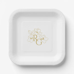 Assiettes En Carton BLANCHE   Chic Faux Gold Monogram Mariage