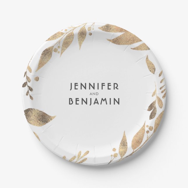 Assiettes En Carton Blancs et Bleu d'or laisse Mariage chic (Devant)