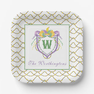 Assiettes En Carton Blason de monogramme de Mardi Gras à l'aquarelle