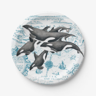 Assiettes En Carton Bleu antique de baleines d'orque