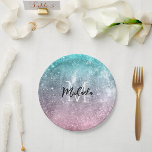 Assiettes En Carton Bleu aqua Rose ombré galaxie abstraite Monogramme