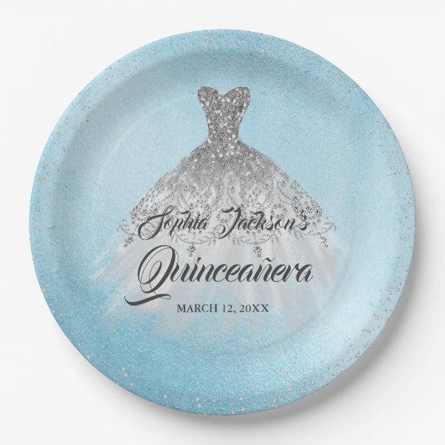 Assiettes En Carton Bleu argenté diamant étincelle Quinceanera (Devant)