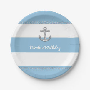 Assiettes En Carton Bleu barbeau et rayures blanches Ancrage Diamant