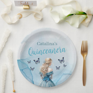 Assiettes En Carton Bleu Beurre d'or Princesse Quinceañera