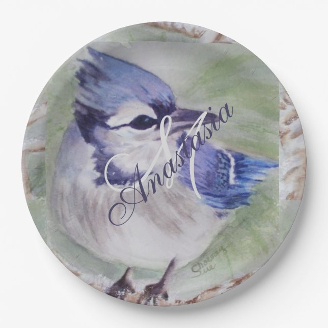 ASSIETTES EN CARTON BLEU BIRD BOND HAPPINESS MONOGRAM PARTI (Devant)