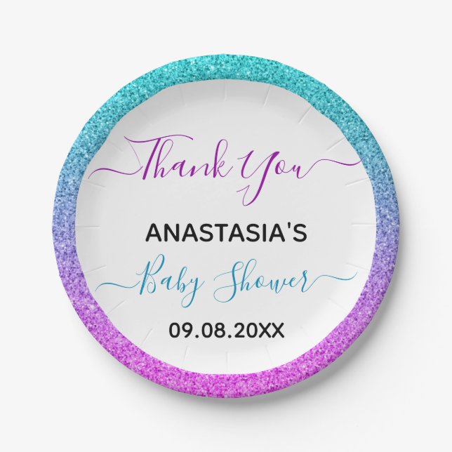 Assiettes En Carton Bleu bleu clair violet Merci Baby shower (Devant)