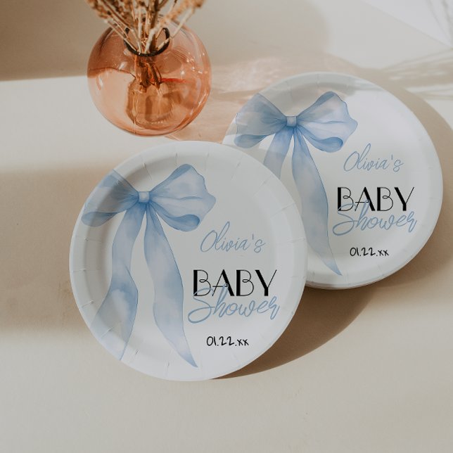Assiettes En Carton Bleu Bow Main tiré Script bébé garçon douche (Créateur téléchargé)