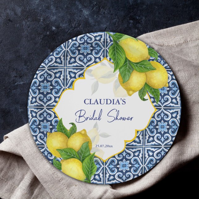 Assiettes En Carton Bleu carreaux citron Amalfi fête de la douche nupt (Créateur téléchargé)