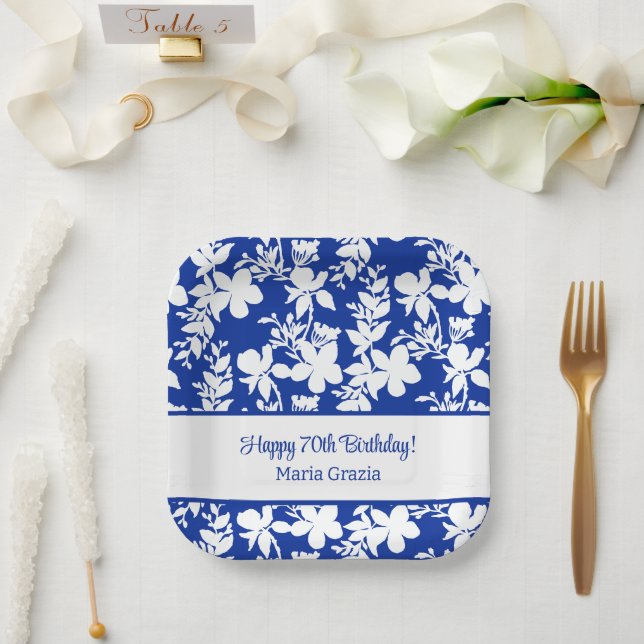 Assiettes En Carton Bleu Chic blanc motif floral 70e anniversaire (Mariage)