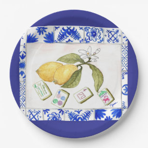 Assiettes En Carton bleu citron mahjong