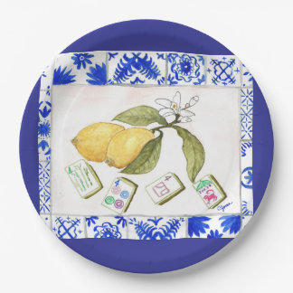 Assiettes En Carton bleu citron mahjong