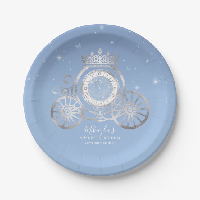 Assiettes En Carton Bleu clair et argent Cinderella Princess Anniversa (Devant)