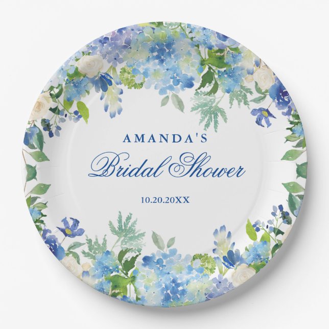 Assiettes En Carton Bleu clair Hydrangée Fête des mariées florale (Devant)