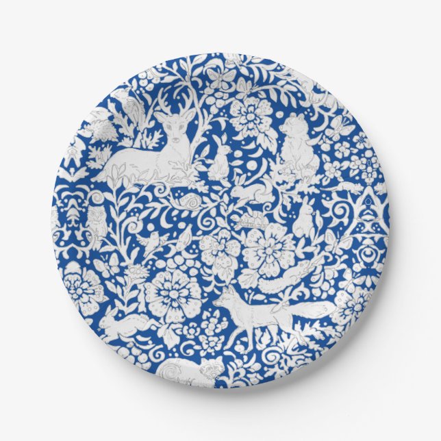 Assiettes En Carton Bleu classique Bois Blanc Animaux Lapin renard (Devant)