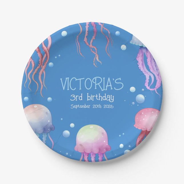 Assiettes En Carton Bleu Cute Sous La Mer Jellyfish Anniversaire (Devant)