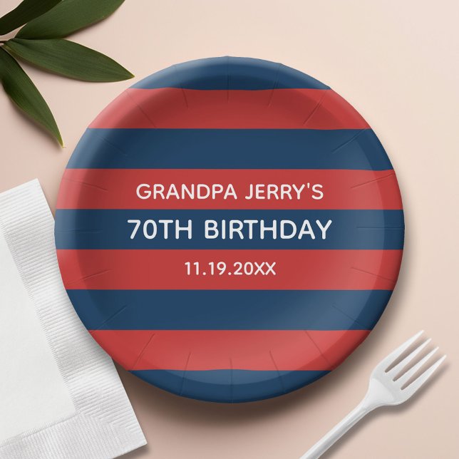 Assiettes En Carton Bleu de la Marine et Rouge Rugby Stripes Anniversa (Custom Paper Plate)