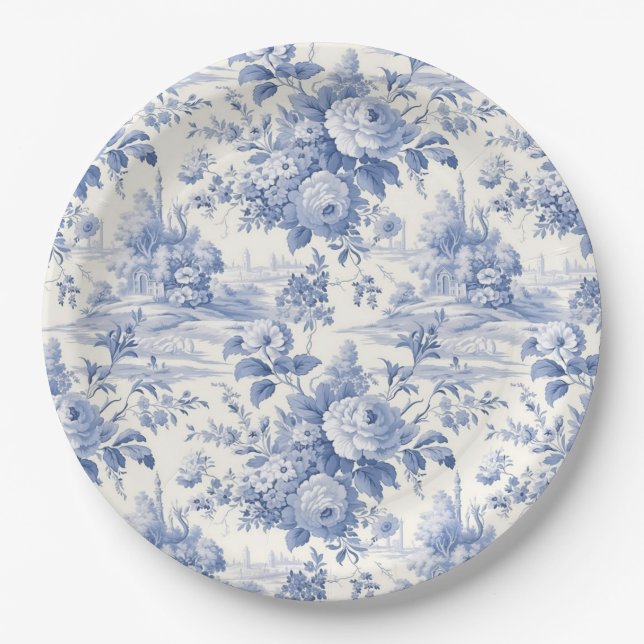 Assiettes En Carton Bleu de toile à fleurs (Devant)