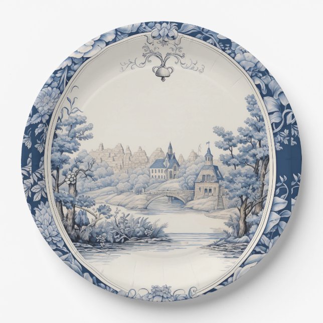 Assiettes En Carton Bleu de toile à fleurs (Devant)