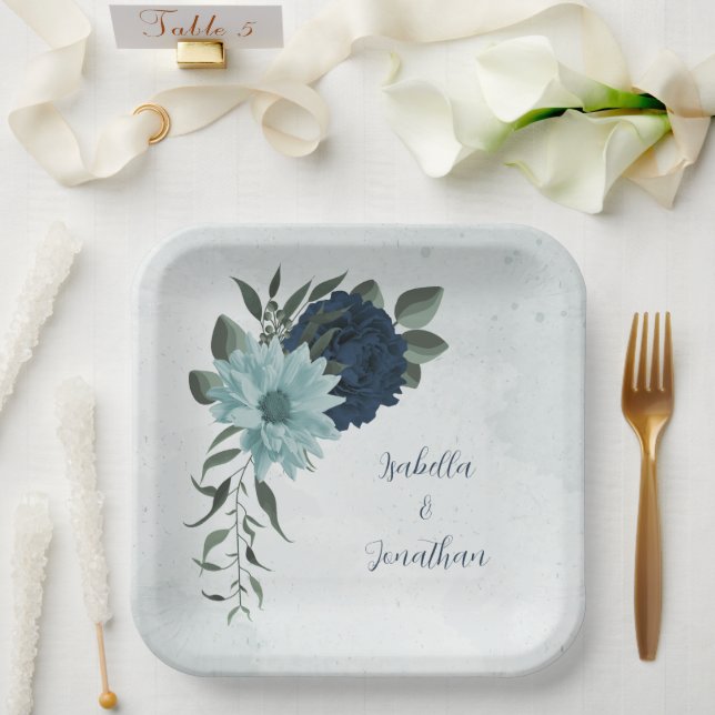 Assiettes En Carton Bleu Dusty fleurs botaniques (Mariage)