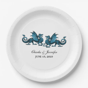 Assiettes En Carton Bleu Élégant Dragons Mariage Plaques de papier