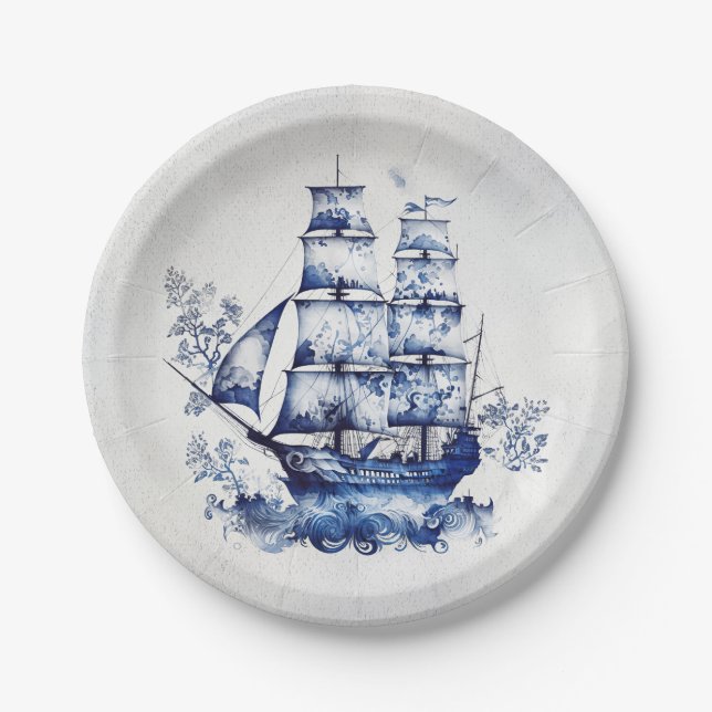 Assiettes En Carton Bleu et blanc Delft voilier en mer (Devant)