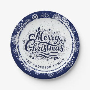 Assiettes En Carton Bleu et blanc minimal élégant Joyeux Noël