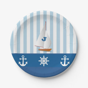 Assiettes En Carton Bleu et Blanc Nautique thème Monogramme design.