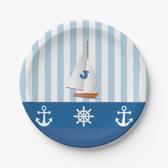 Assiettes En Carton Bleu et Blanc Nautique thème Monogramme design. (Devant)