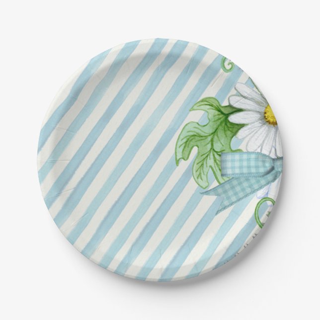 Assiettes En Carton Bleu et blanc rayures florales (Devant)