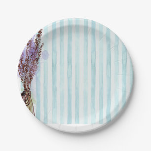 Assiettes En Carton Bleu et blanc Rayures Florales roses
