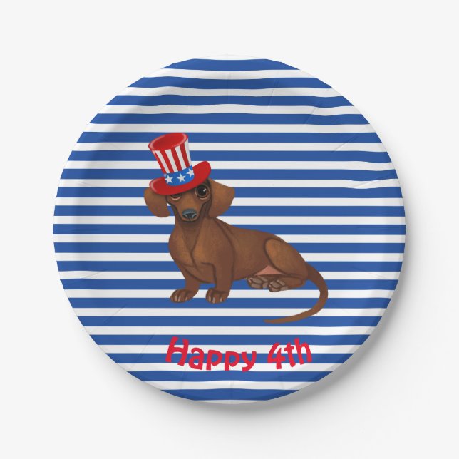 Assiettes En Carton Bleu et blanc rayures Juillet 4 Dachshund Plates (Devant)