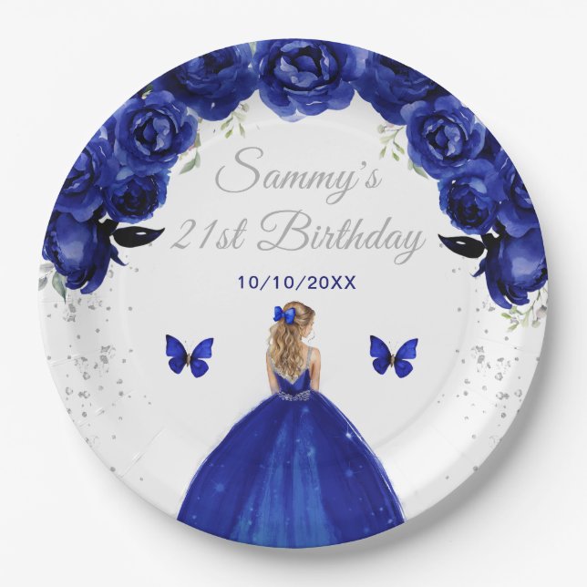 Assiettes En Carton Bleu foncé Blonde cheveux Princess Anniversaire (Devant)