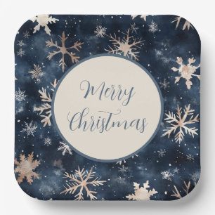 Assiettes En Carton Bleu foncé simple avec flocons de neige