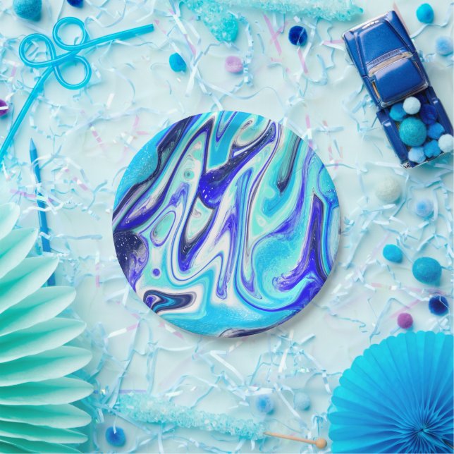 Assiettes En Carton Bleu fondu | Marble Fluid Art (Fête)