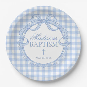 Assiettes En Carton Bleu Gingham Coquette Noeud Baptême