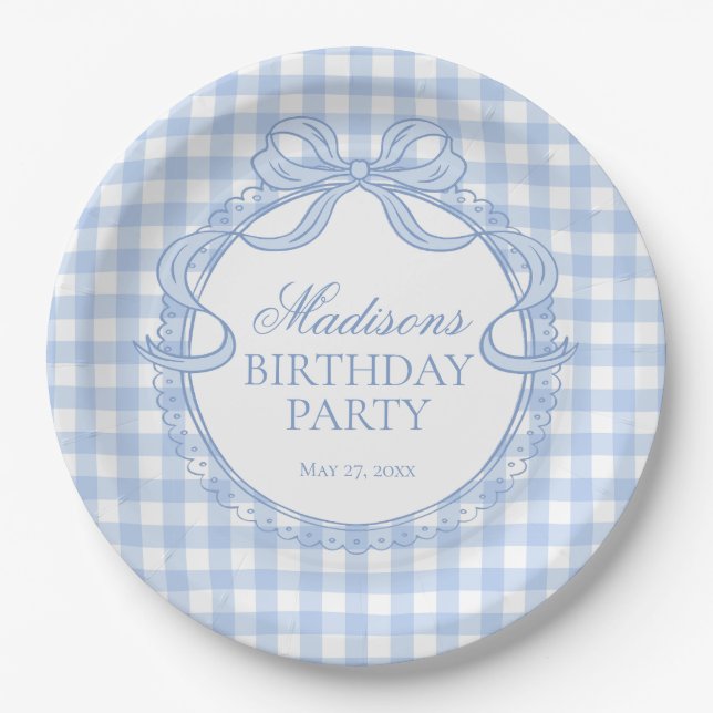 Assiettes En Carton Bleu Gingham Coquette Nœud Fête d'anniversaire (Devant)