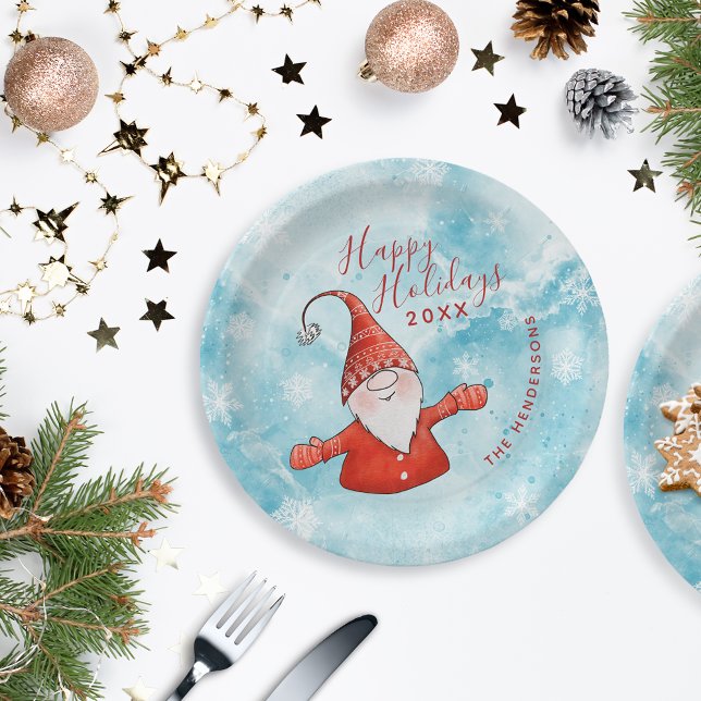 Assiettes En Carton Bleu Gnome Bleu Rouge Joyeux Vacances (Créateur téléchargé)