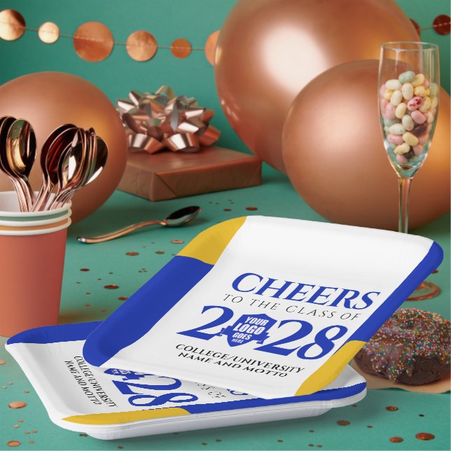 Assiettes En Carton Bleu Gold School College University Graduation (Multi)