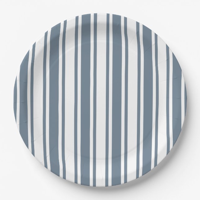 Assiettes En Carton Bleu gris et blanc rayures de bonbons (Devant)