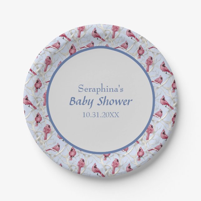 Assiettes En Carton Bleu Hiver Bois Cardinal Birds Baby shower (Devant)