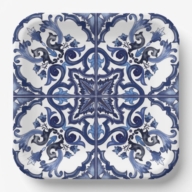 Assiettes En Carton Bleu italien et blanc Sicilien Majolica Mosaic (Recto)